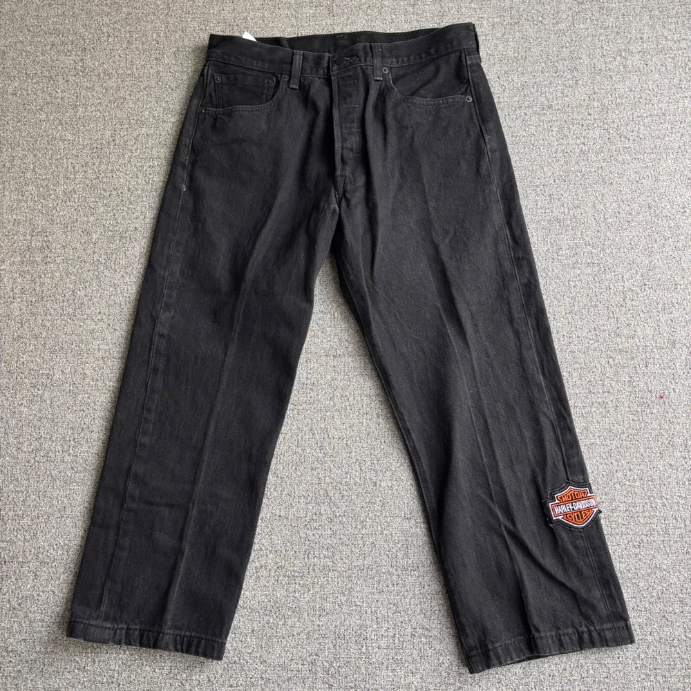 Levi's 501 Jeans Mens 34x27 Original Fit Black Harley-Davidson Patch Button Fly